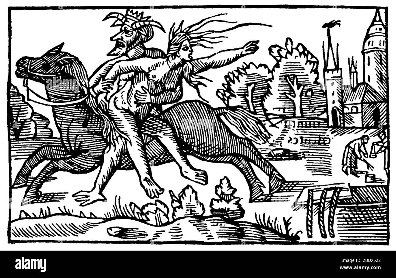 Witch Riding with Satan, 1555 Stock Photo
