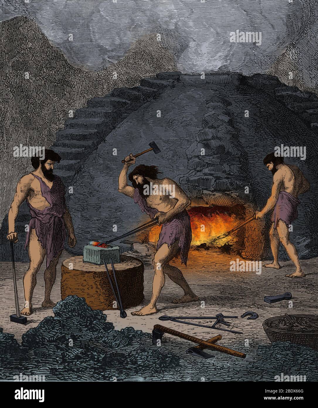 Prehistoric Man, Iron Age Blacksmiths Stock Photo