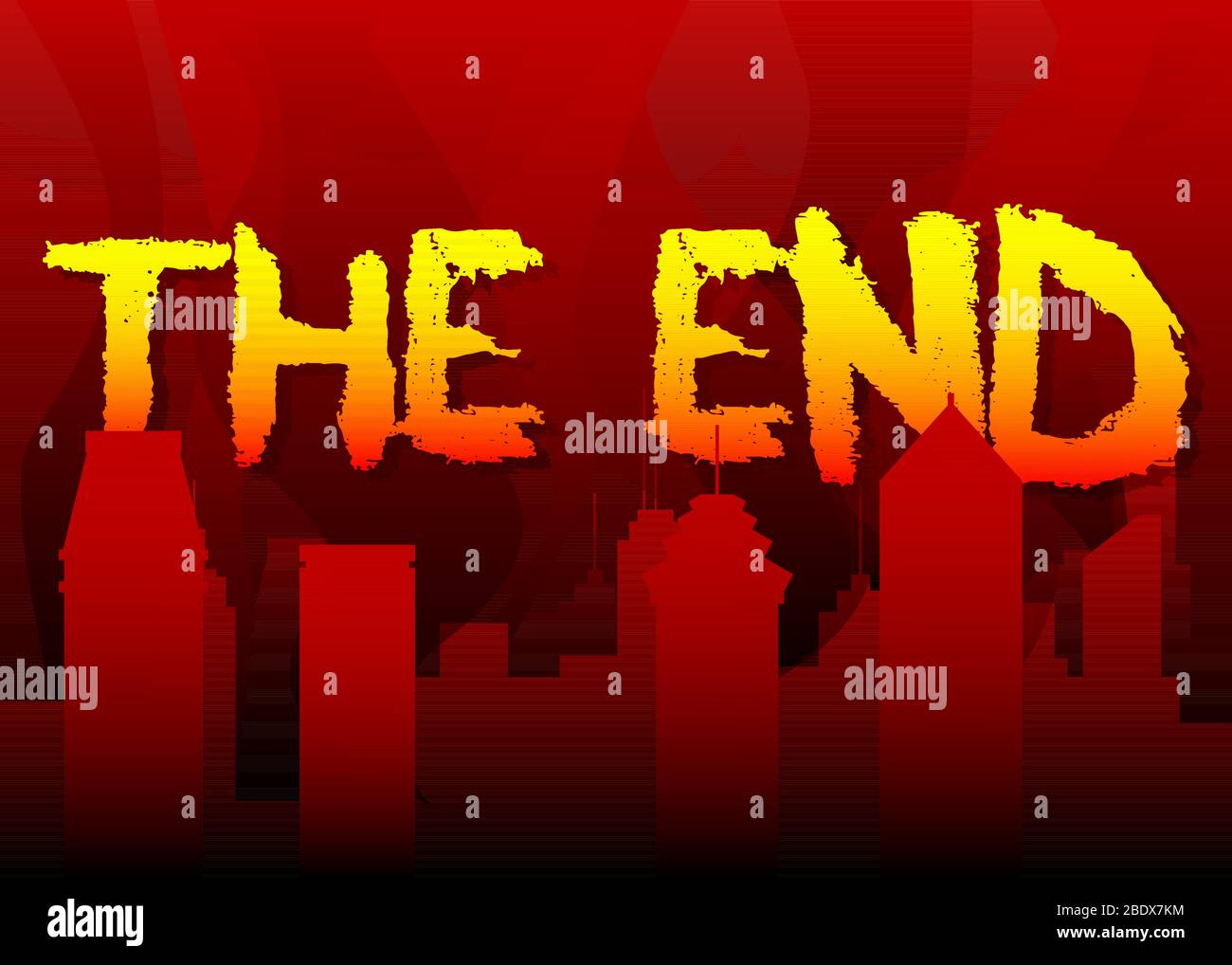 Abstract The End text. Vector illustrated crayon lettering with dark red city in the background. Stock Vector