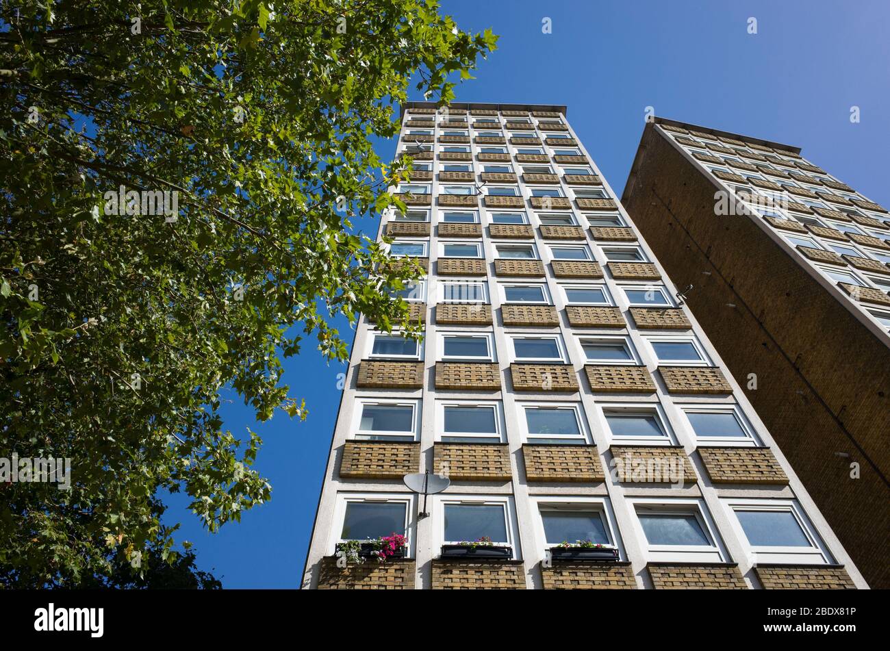 Steep angle of Stangate House high rise residential 1950s tower block