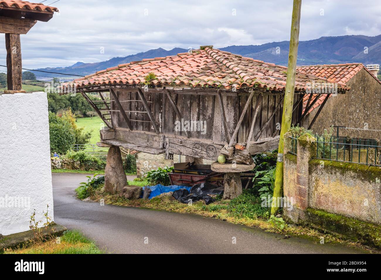 Traditional granary called horreo or horru in Guerres village in Colunga municipality, autonomous community of Asturias in northern Spain Stock Photo