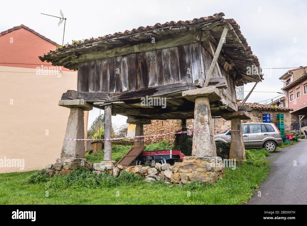 Traditional granary called horreo or horru in Guerres village in Colunga municipality, autonomous community of Asturias in northern Spain Stock Photo