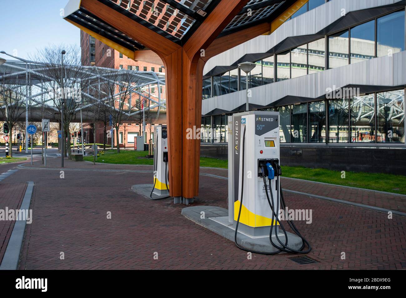 Electric vehicle charging station, The Hague, The Netherlands. April
