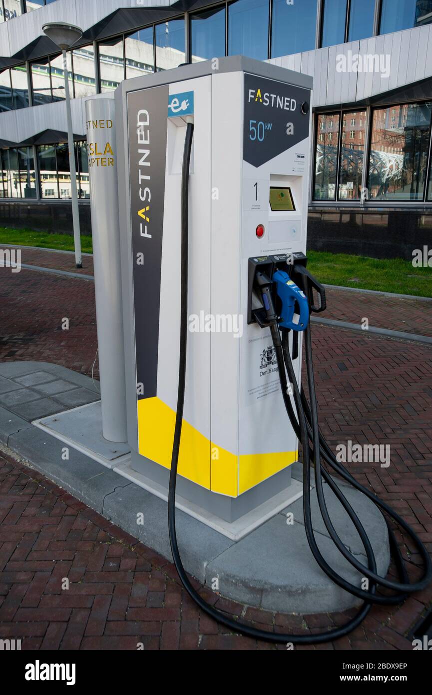 Electric vehicle charging station, The Hague, The Netherlands. April