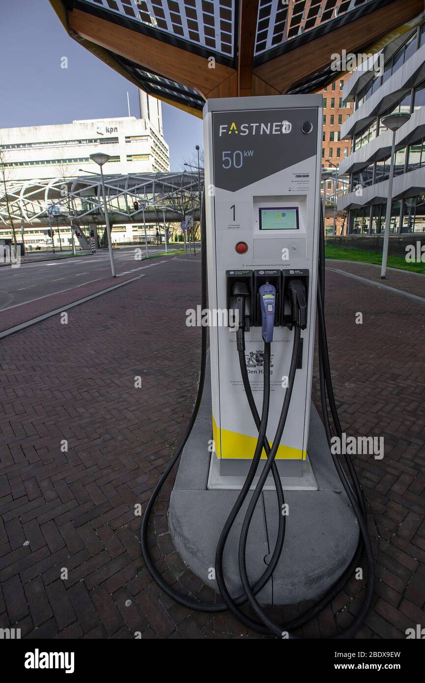 Electric vehicle charging station, The Hague, The Netherlands. April