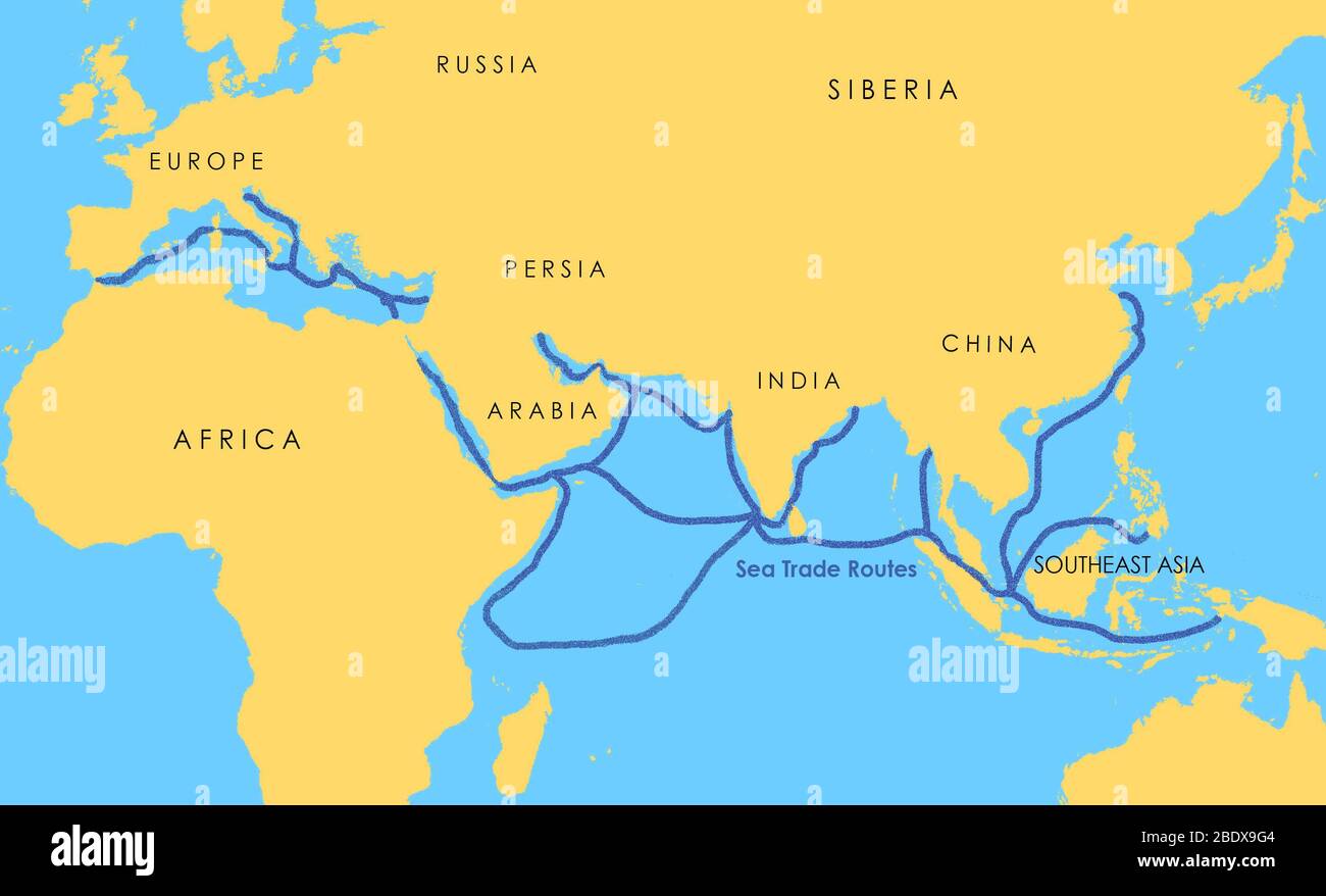 A map showing a network of medieval sea trade routes the Mediterranean, the Indian Ocean, Southeast Asia, and the China Sea. Stock Photo