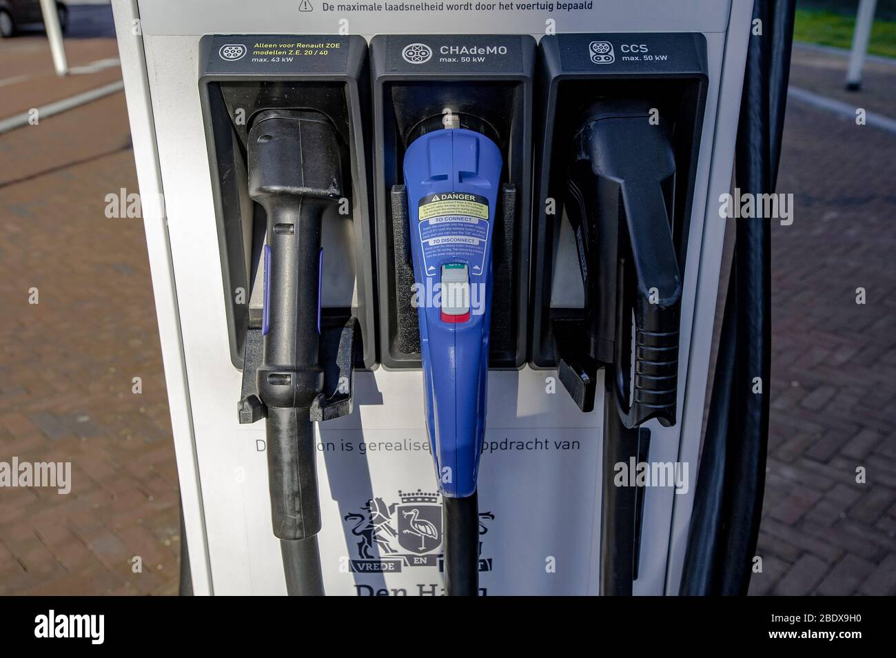 Electric vehicle charging station, The Hague, The Netherlands. April