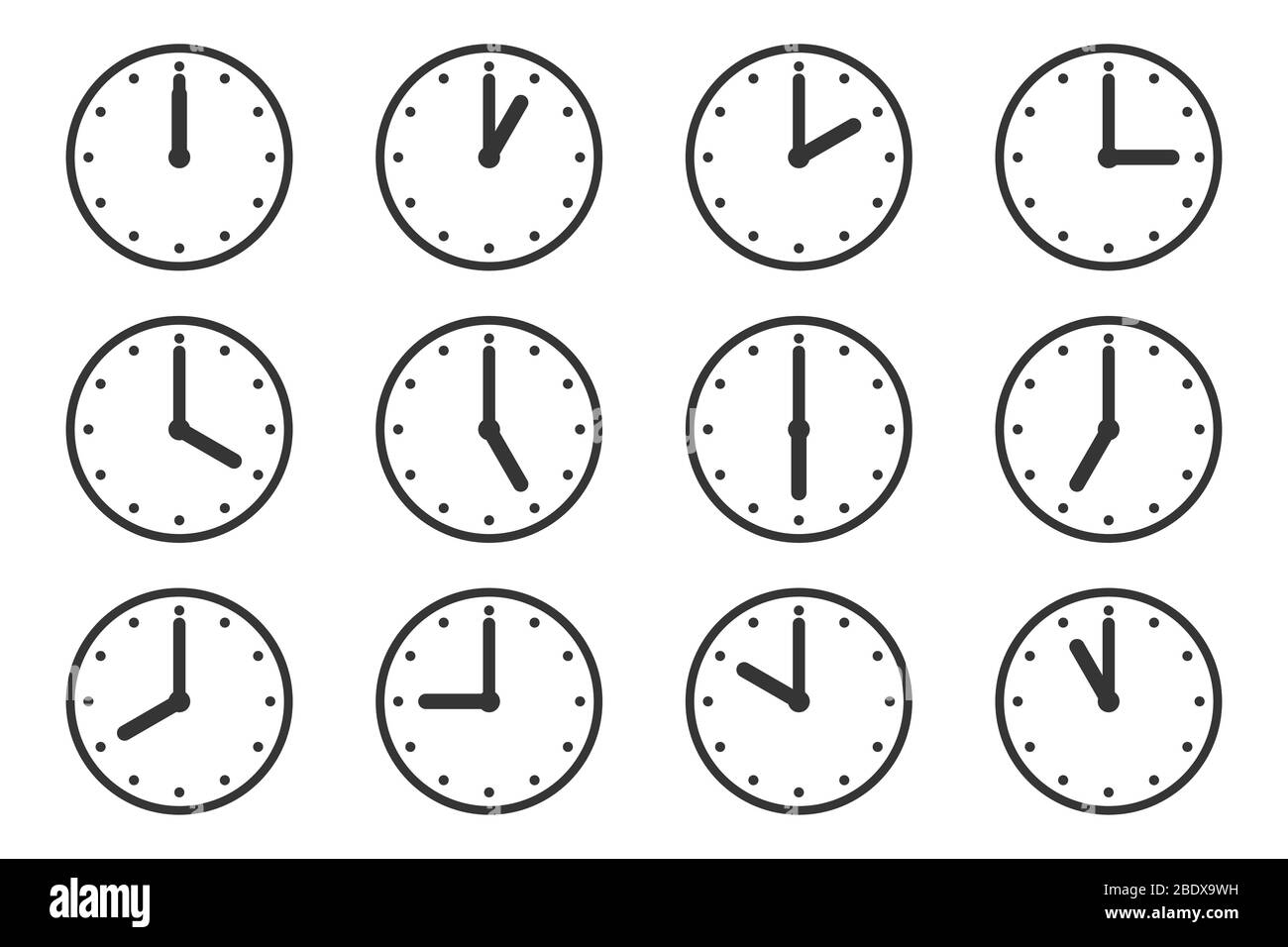 Set of watches with different times. Clock icon isolated. Vector ...