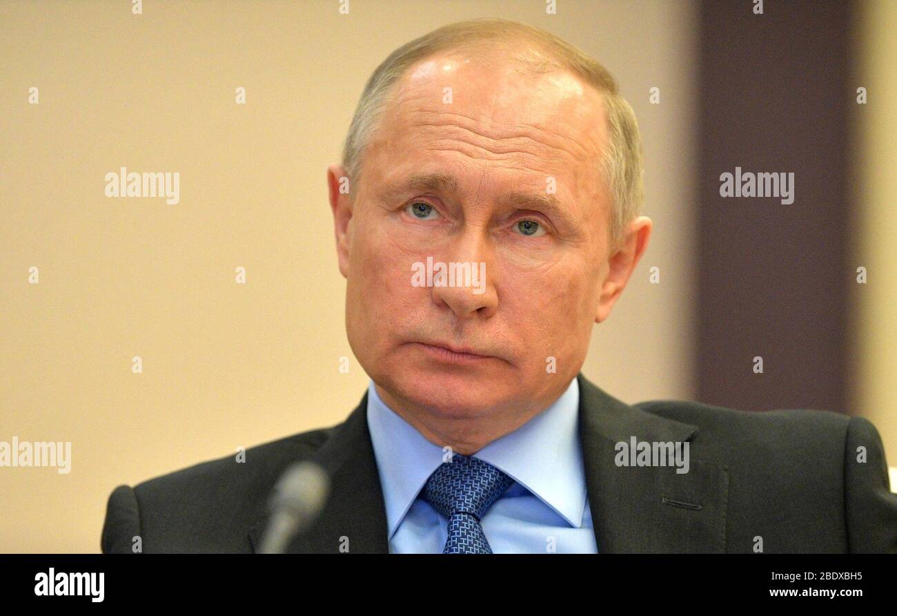 April 9, 2020. - Russia, Moscow Region, Novo-Ogaryovo. - Russian President Vladimir Putin holds meeting to discuss defence industry and military-technical cooperation issues via video link from Novo-Ogaryovo residence. Stock Photo