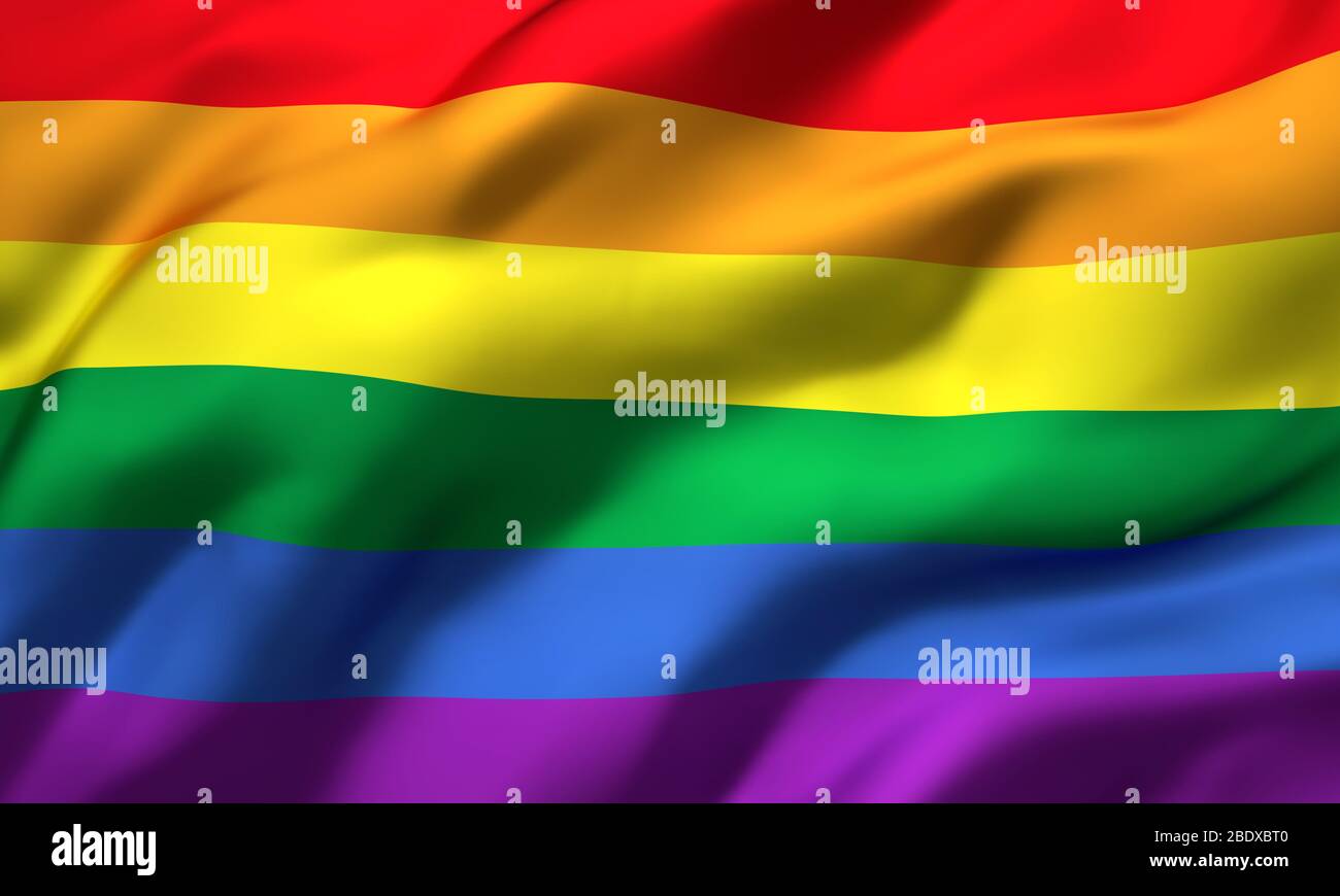 Rainbow flag blowing in the wind. Full page LGBT flying flag. 3D illustration. Stock Photo