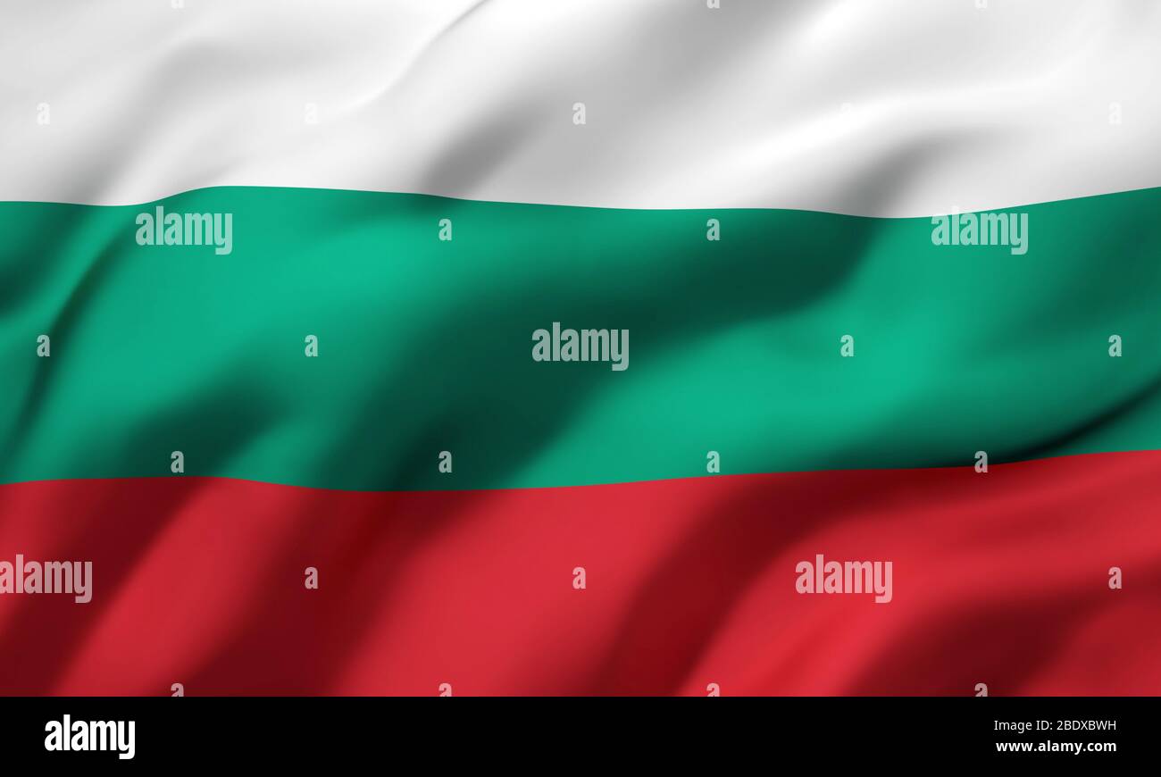 Flag of Bulgaria blowing in the wind. Full page Bulgarian flying flag. 3D illustration. Stock Photo