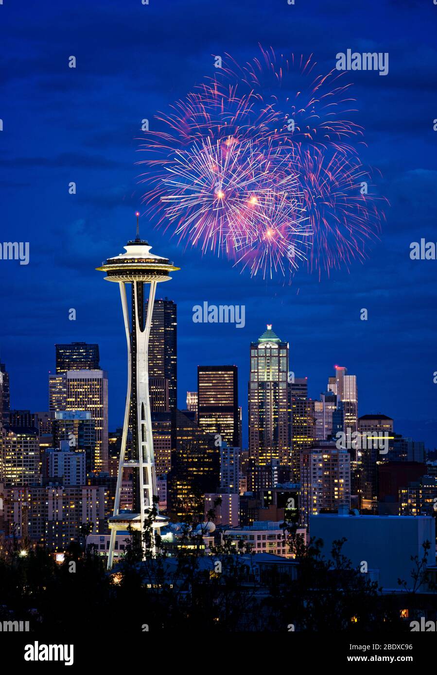 Celebration Fireworks Over Seattle City at Night Stock Photo - Alamy