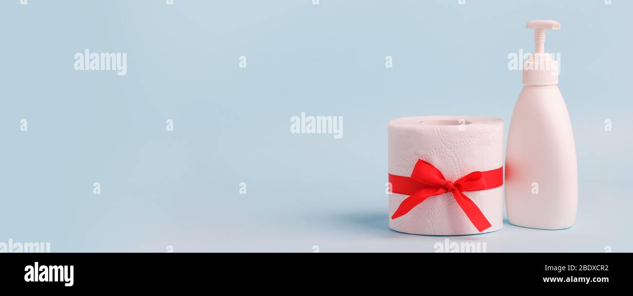 Set of toilet paper roll and liquid soap or sanitizer wrapped in gift ...