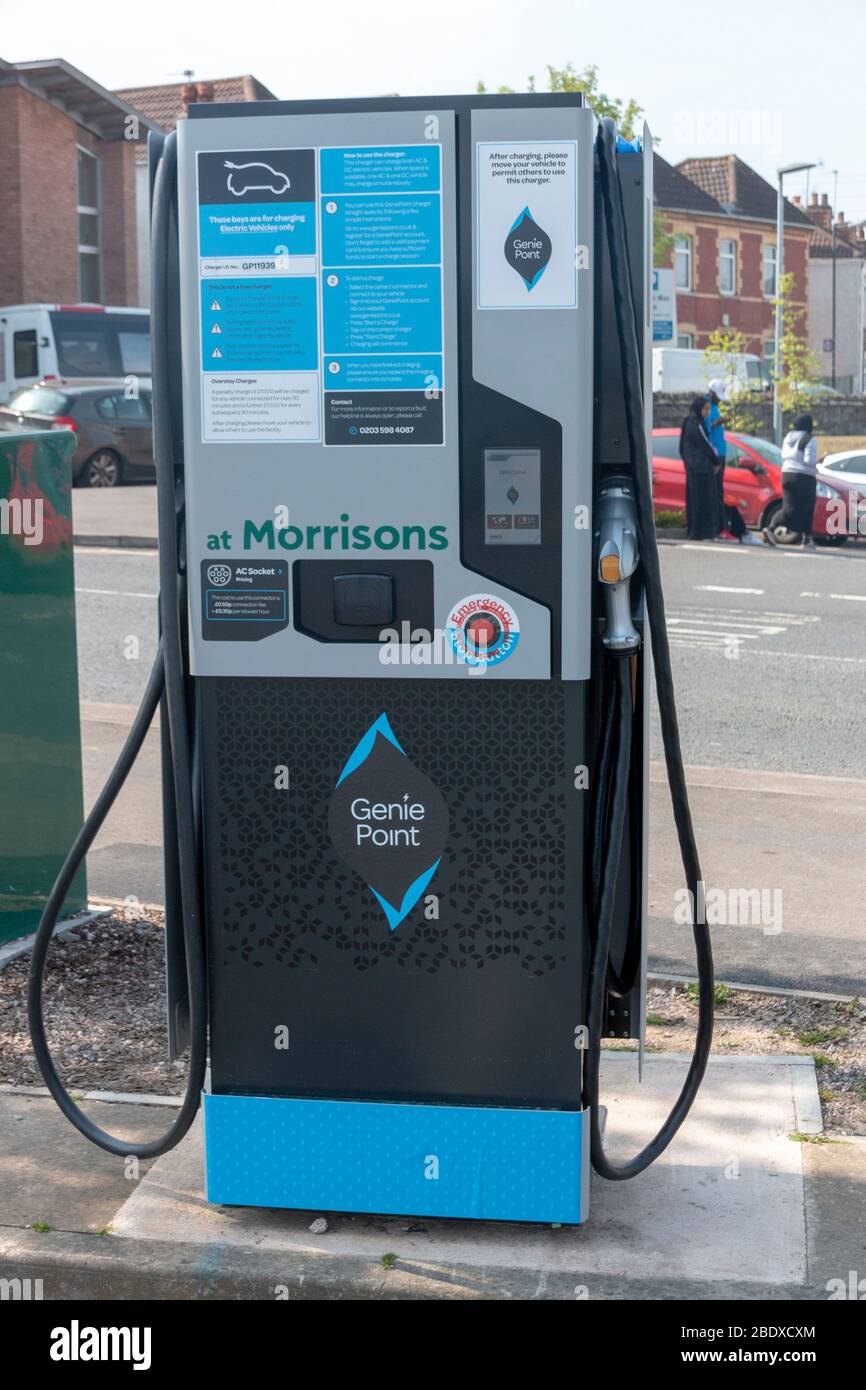 Bristol-April-2020-England-a close up view of a electic power charging station in a supermarket parking lot Stock Photo