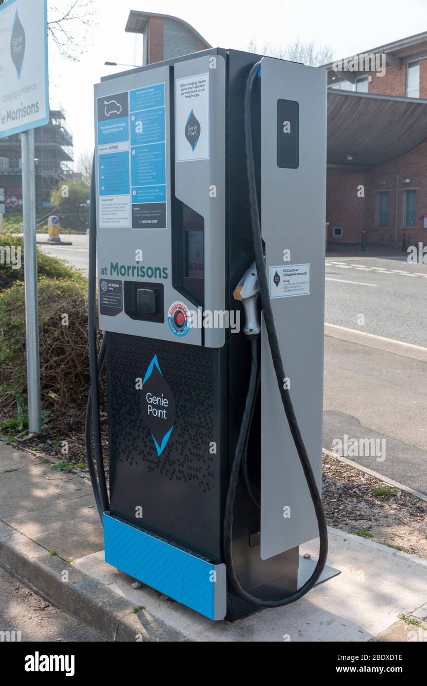Bristol-April-2020-England-a close up view of a electic power charging station in a supermarket parking lot Stock Photo