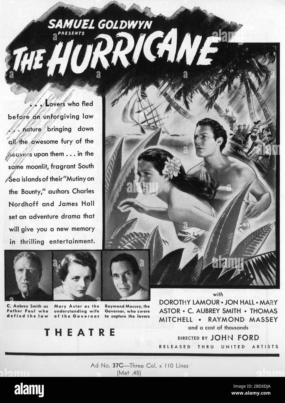 DOROTHY LAMOUR JON HALL C. AUBREY SMITH MARY ASTOR and RAYMOND MASSEY in THE HURRICANE 1937 director JOHN FORD  novel Charles Nordhoff and James Norman Hall special effects James Basevi The Samuel Goldwyn Company / United Artists Stock Photo