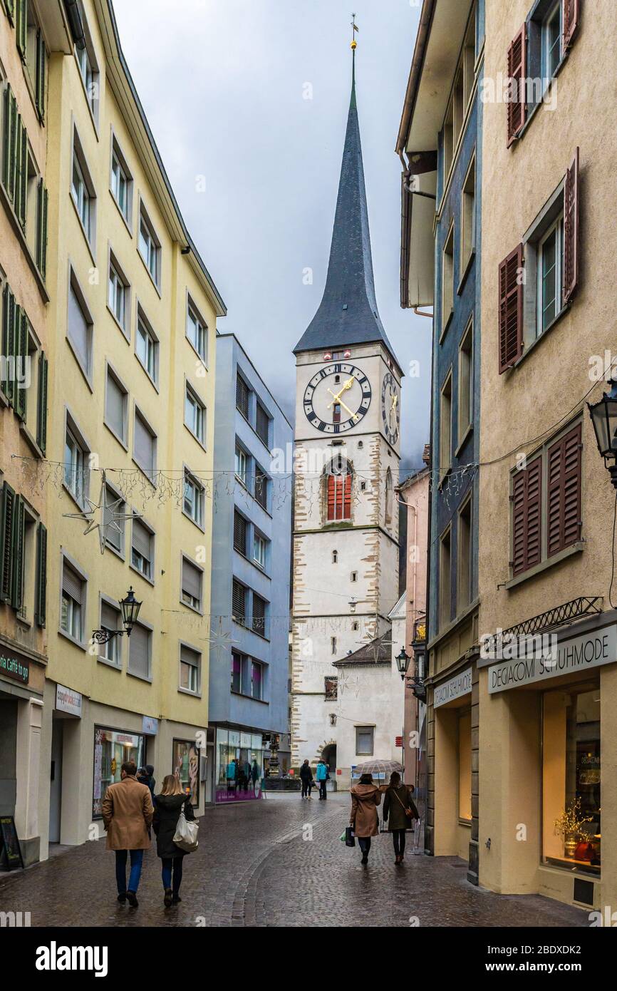 Chur, Switzerland - 21 December 2019 - St Martin Church's watch tower stands tall in Chur, Switzerland on December 21, 20129 Stock Photo