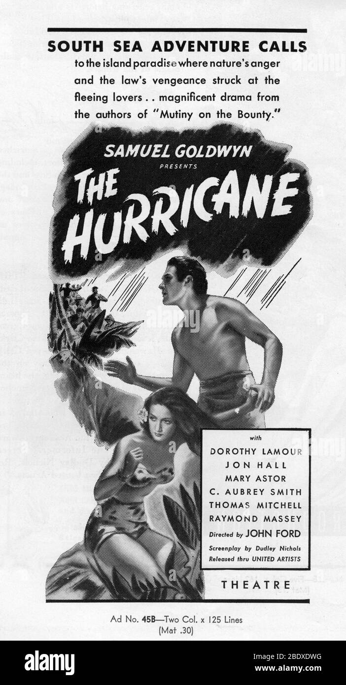 DOROTHY LAMOUR and JON HALL  in THE HURRICANE 1937 director JOHN FORD  novel Charles Nordhoff and James Norman Hall special effects James Basevi The Samuel Goldwyn Company / United Artists Stock Photo