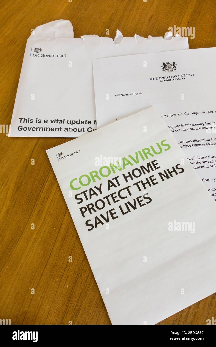 A letter sent by Prime Minister, Boris Johnson to each household in UK urging people to say at home, protect the NHS and save lives Stock Photo