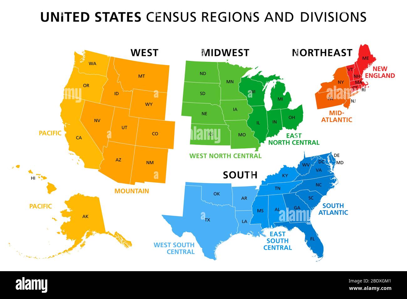 Map of United States split into Census regions and divisions. Region definition, widely used for data collection and analysis. Stock Photo