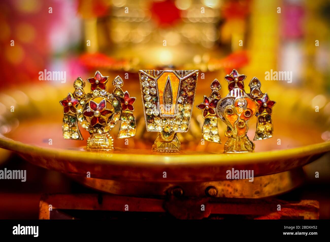 Lord Vishu Balaji Chakra Symbol - Shanku Chakra Namam Lord Vishnu Balaji Auspicious Holy Symbol for Divine Temple Stock Photo