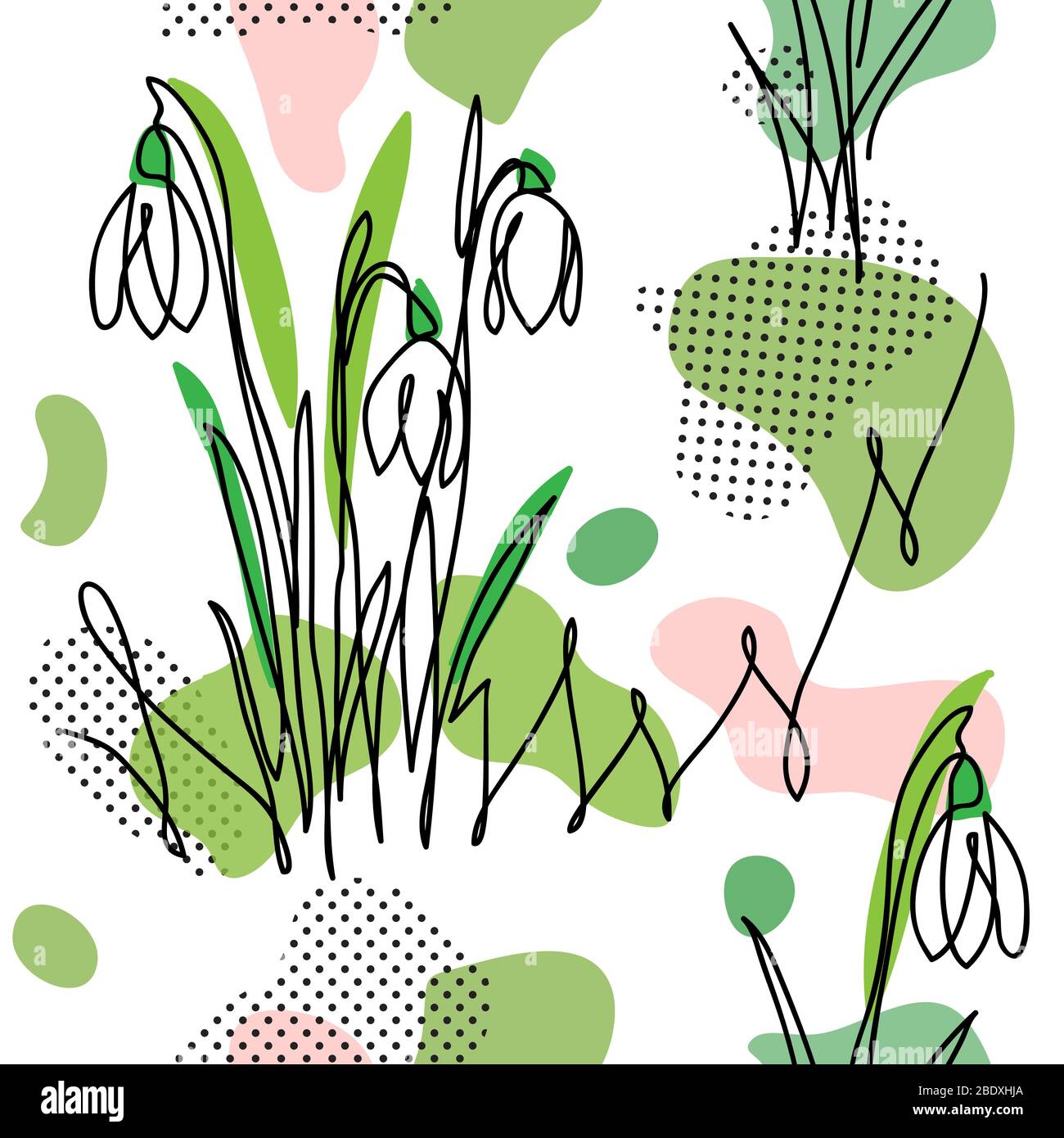 Spring flowers snowdrops modern vector pattern in memphis style. Stock Vector