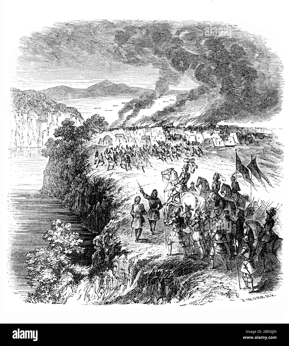 Native Americans Burning Village, 1540 Stock Photo