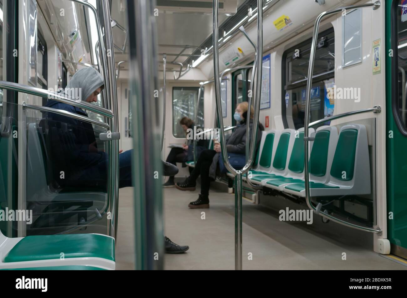 St. Petersburg, Russia - 04.01.2020: in the subway car during the period of the coronavirus epidemic Stock Photo