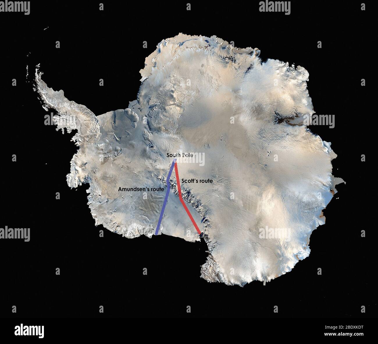 The world's first high resolution, three-dimensional, true-color map of Antarctica was built from more than 1,100 images from the Landsat 7 satellite. To create the Landsat Image Mosaic of Antarctica (LIMA), scientific visualizers combined Landsat 7 scenes (acquired between 1999 and 2001), a digital elevation model, and field data measurements. It took years to stitch the whole thing together for release in 2007. NASA worked with the USGS, the National Science Foundation, and the British Antarctic Survey to create the map of the highest, driest, coldest, windiest, and brightest of Earth's seve Stock Photo