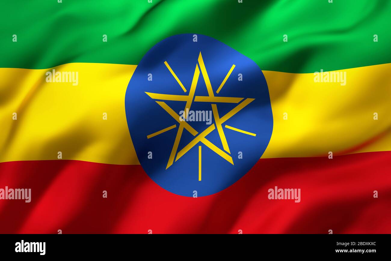 Flag of Ethiopia blowing in the wind. Full page Ethiopian flying flag. 3D illustration. Stock Photo