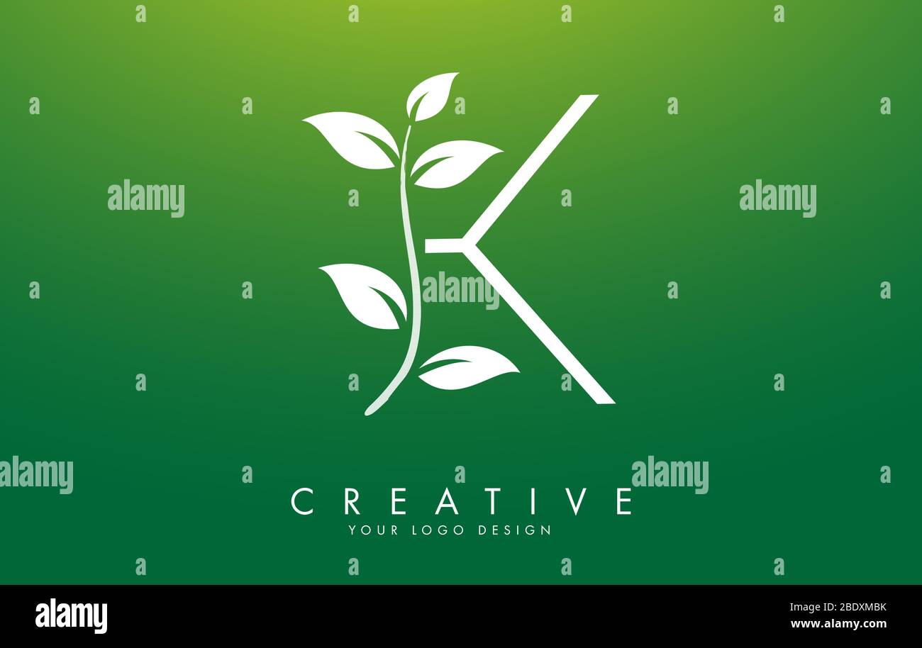 White Leaf Letter K Logo Design with Leaves on a Branch and Green ...