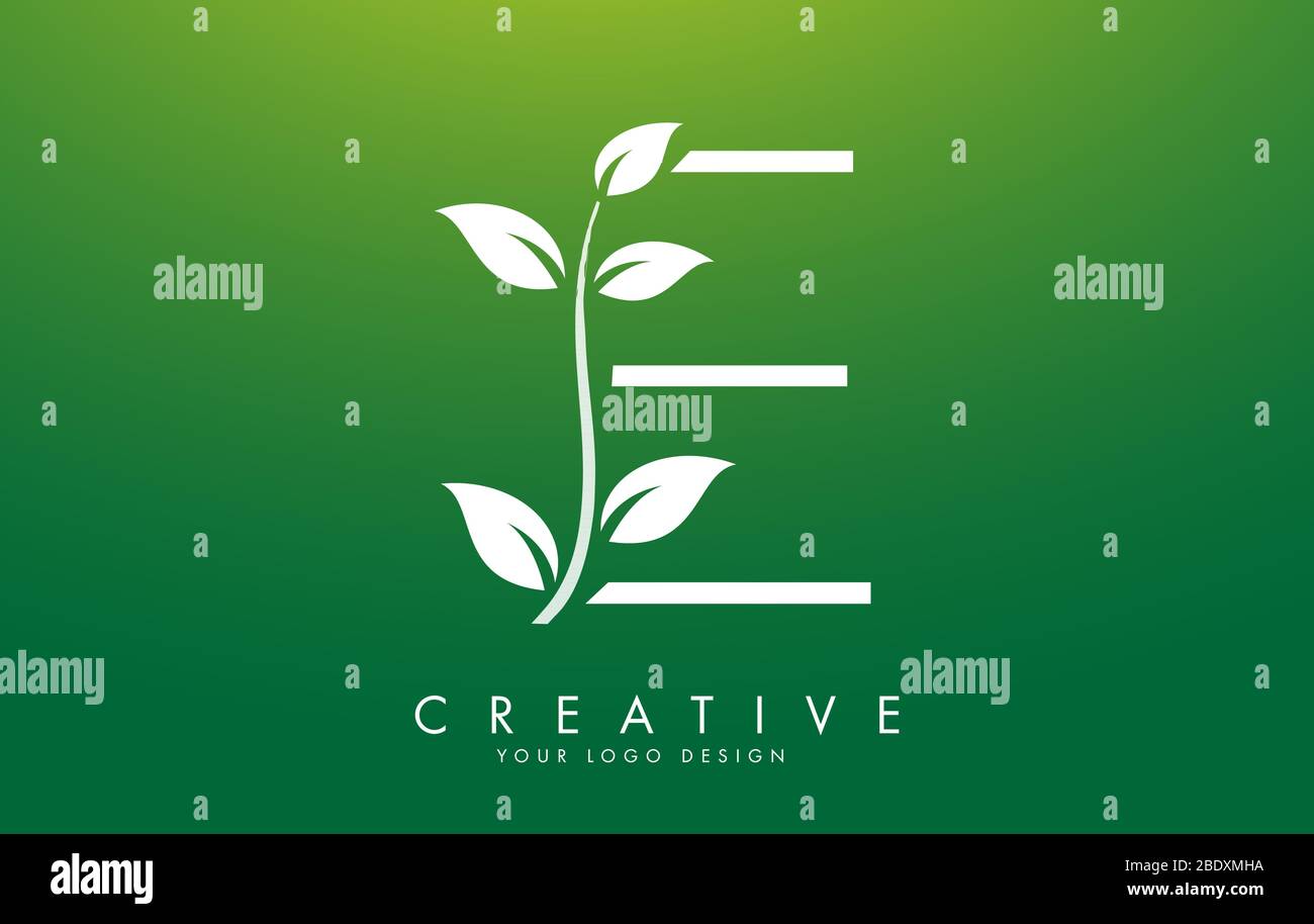White Leaf Letter E Logo Design with Leaves on a Branch and Green ...
