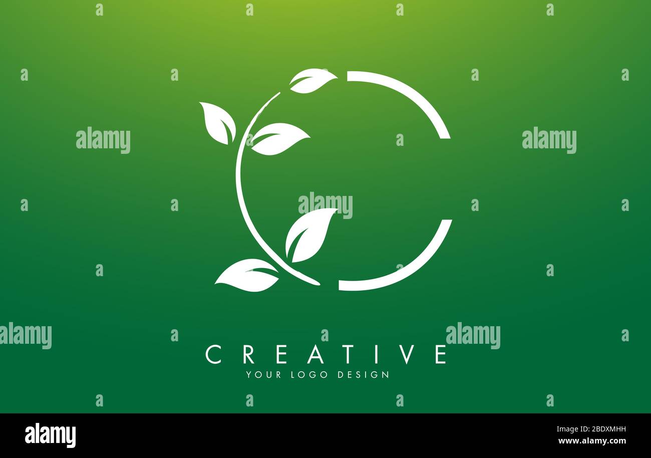 White Leaf Letter C Logo Design with Leaves on a Branch and Green ...