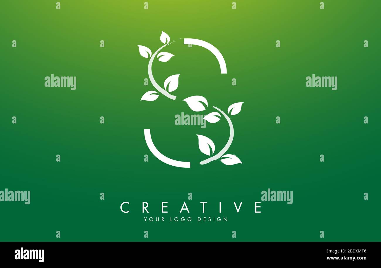 White Leaf Letter S Logo Design with Leaves on a Branch and Green ...