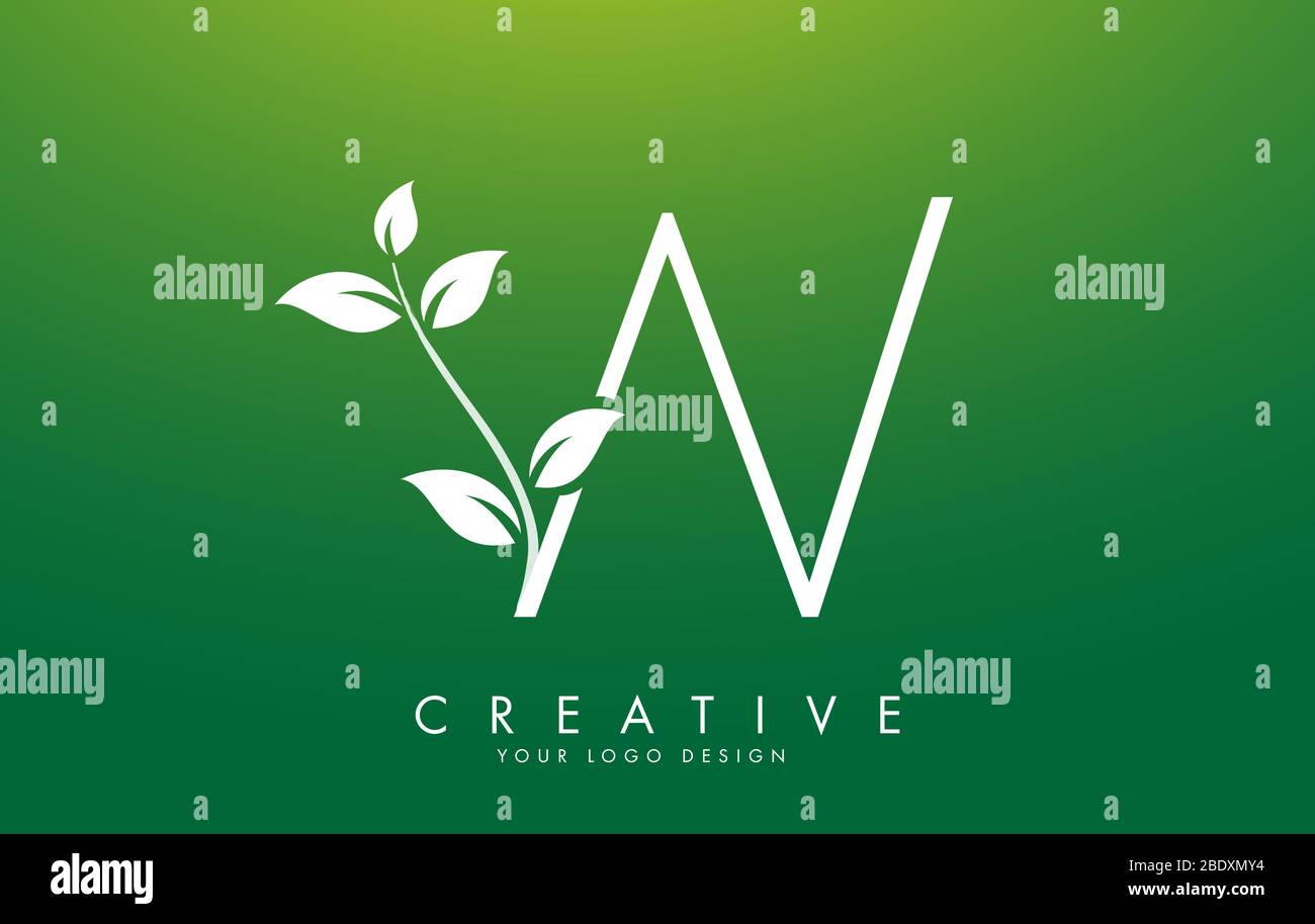 White Leaf Letter W Logo Design with Leaves on a Branch and Green ...