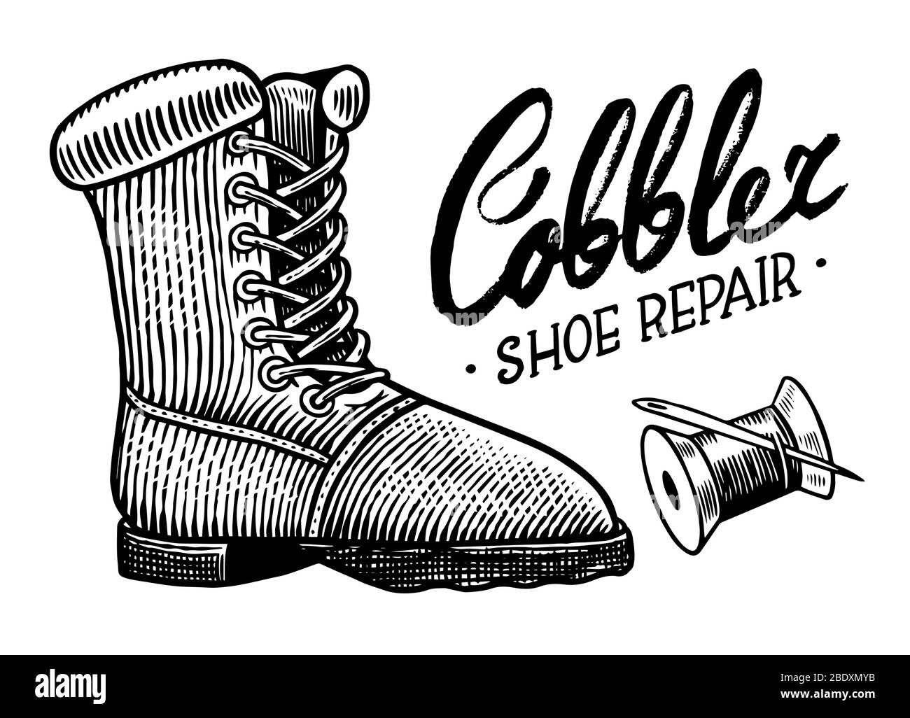 Shoe repair concept. Cobbler or shoemaker background. Vintage label. Hand drawn engraved sketch for T-shirt, logo or badges. Stock Vector