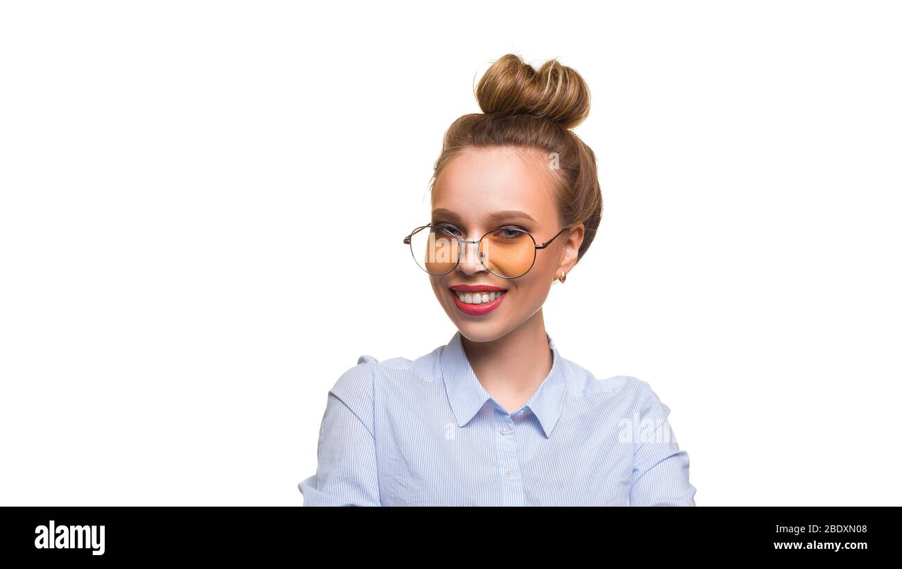 Close up portrait of a happy woman in eyeglasses. Eyesight concept. Photo isolated on white background. Stock Photo