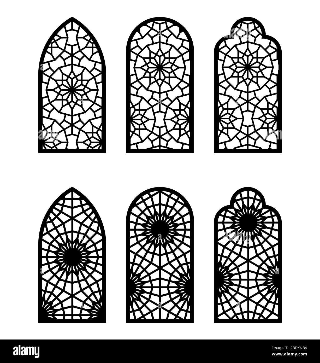 Moroccan arch window or door set. Cnc pattern, laser cutting, vector template set for wall decor, stencil, engraving in moroccan style Stock Vector