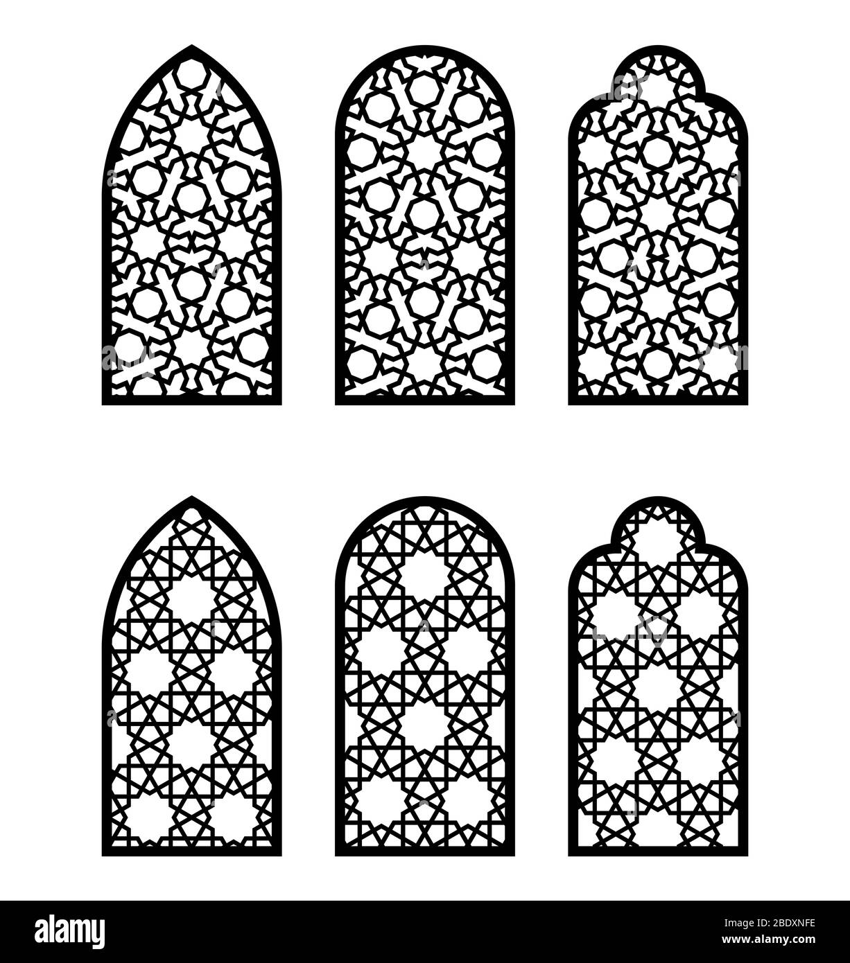 Arabesque arch window or door set. Cnc pattern, laser cutting, vector template set for wall decor, stencil, engraving. Arabesque faux window, arch Stock Vector