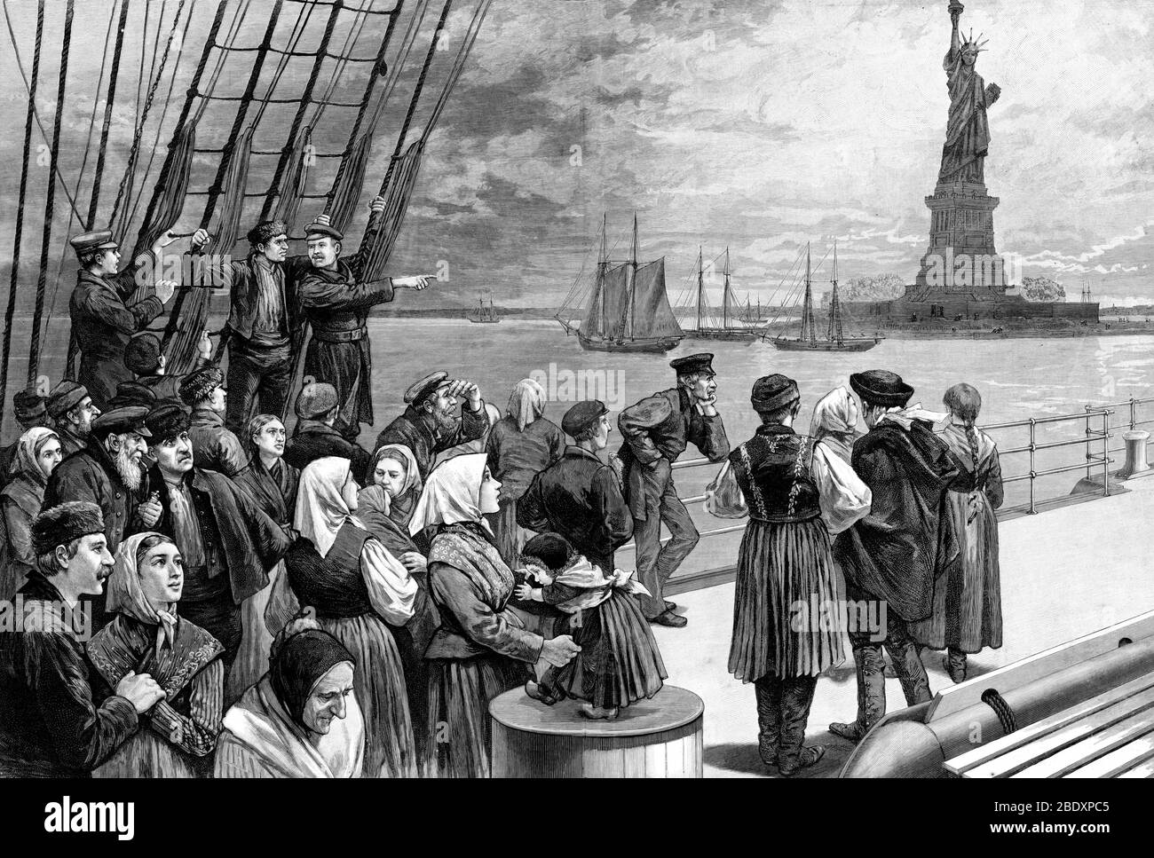 Statue of Liberty, Immigrants Arrive in America, 1887 Stock Photo