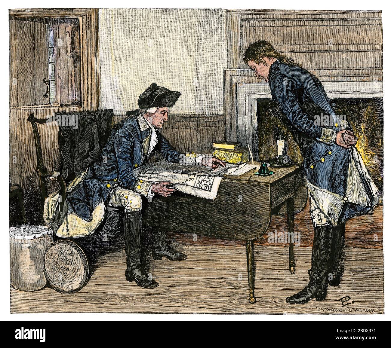 Nathan Hale receiving orders from George Washington, American Revolution. Hand-colored woodcut of a Howard Pyle illustration Stock Photo