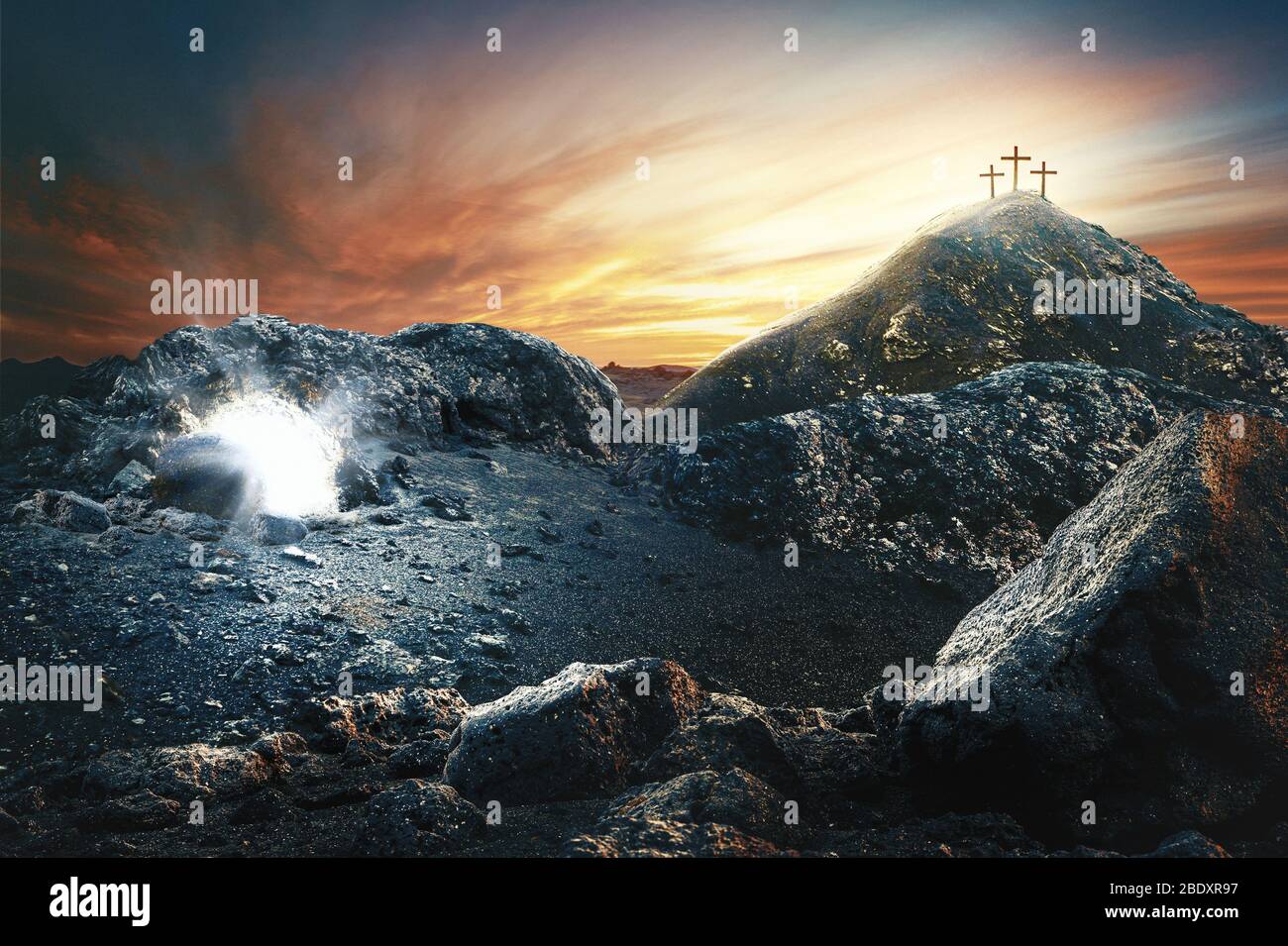 Easter Sunday concept: Empty tomb stone with cross on meadow sunrise background. 3d rendering Stock Photo