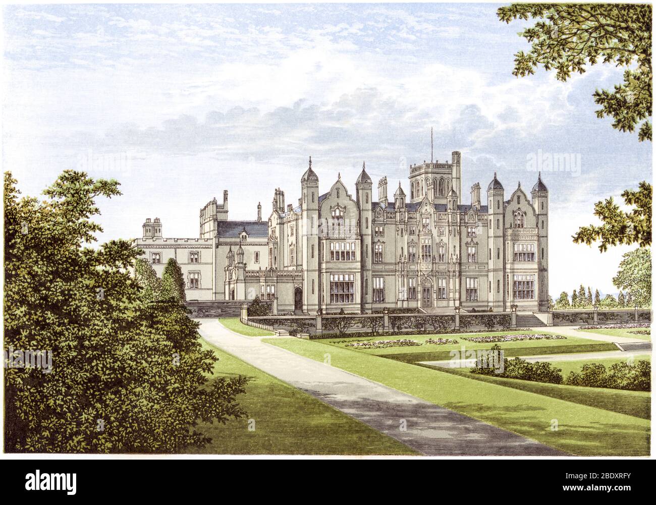 A coloured illustration of Merevale Hall, Atherstone, Warwickshire scanned at high resolution from a book printed in 1870.  Believed copyright free. Stock Photo