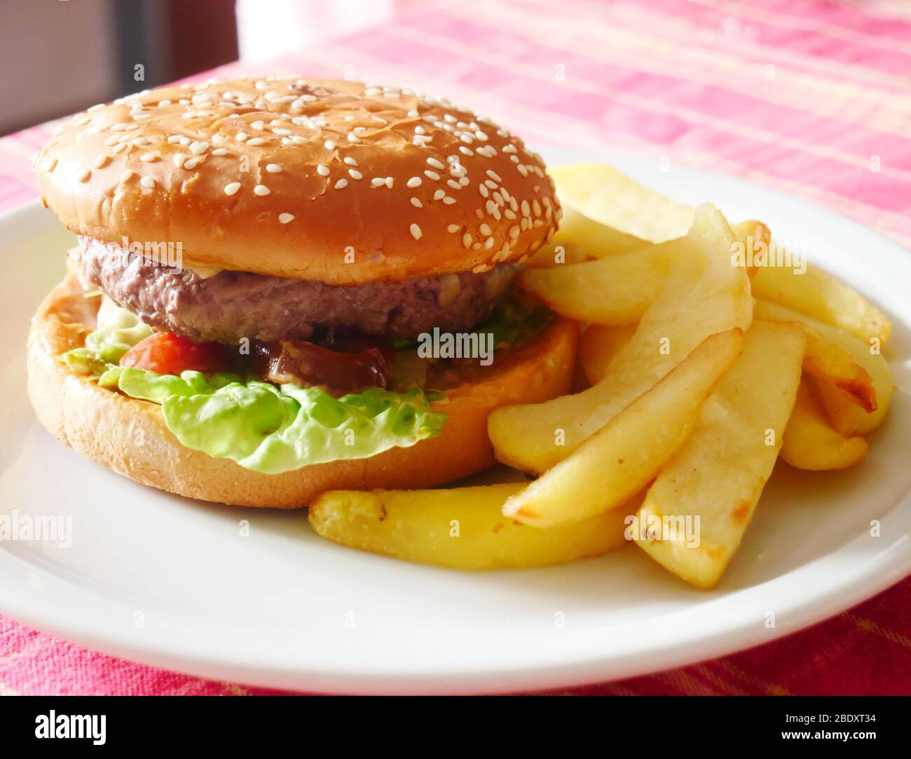 Close-up of an appetizing plate of hamburger and french fries Stock Photo