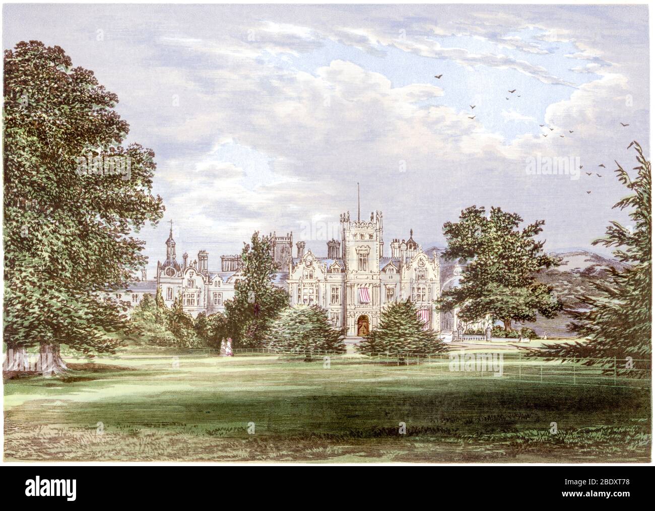 A coloured illustration of Preston Hall near Aylesford, Kent scanned at high resolution from a book printed in 1870.  Believed copyright free. Stock Photo