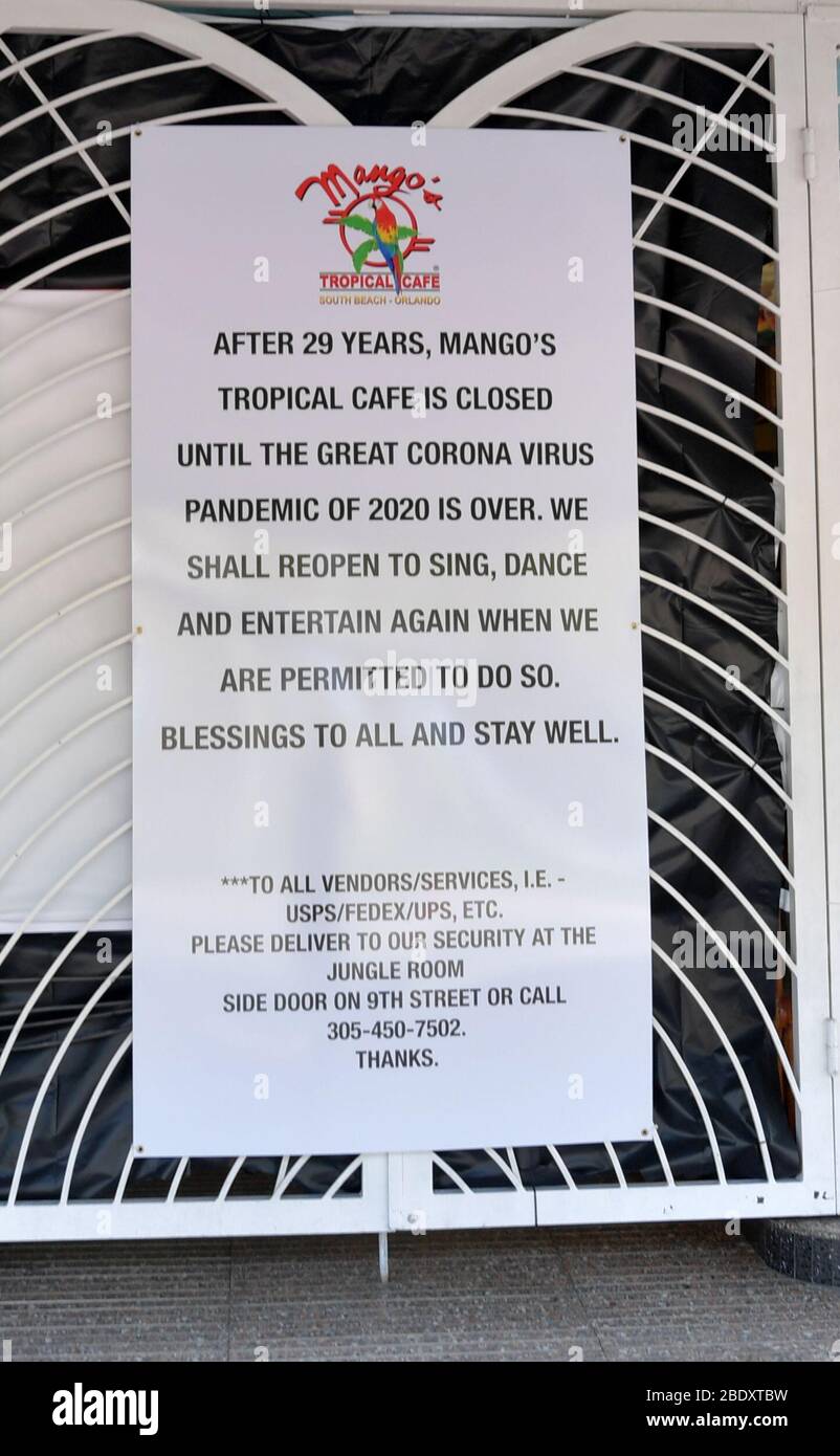Miami, Florida, USA. 10th Apr 2020. Miami Beach has an Eerie calm and quiet to it as tourist attractions and hot spots like Ocean Drive, Lincoln Road, The Design District and the Wynwood Art District all are empty as businessÕs and Florida economy come to a total halt after Florida Gov. Ron DeSantis orders all entertainment venues, restaurants, and beaches to close in Dade, Broward and Palm Beach Counties in the name of public safety an in an effort to slow the spread of the Coronavirus on April 10, 2020 in Miami Beach, Florida People: Mango's Tropical Cafe Credit: Storms Media Group/Alamy L Stock Photo