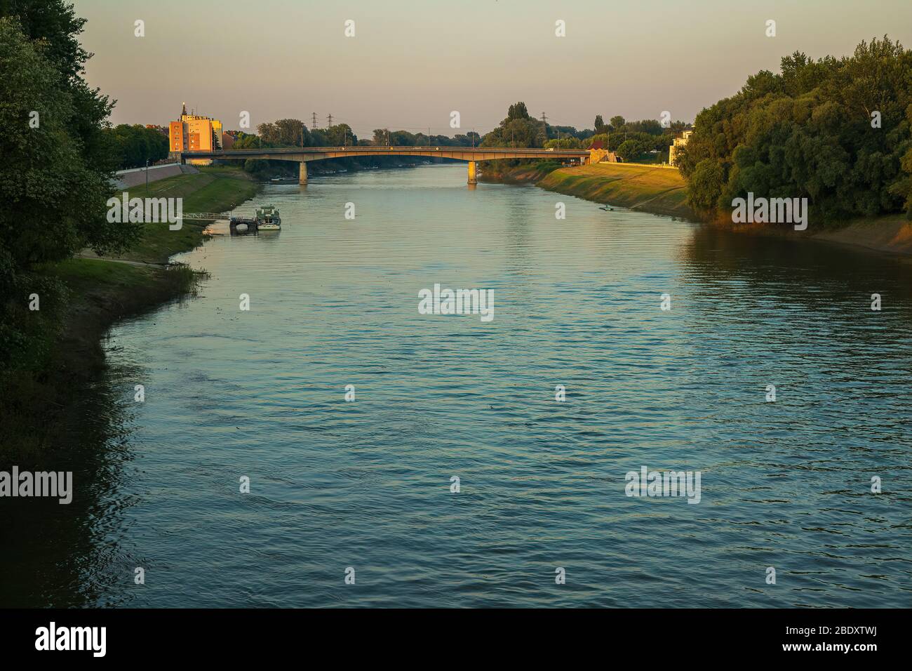 Tisza River flowing through Szolnok, Hungary. Stock Photo