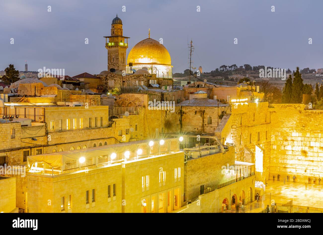 The Temple Mount - Western Wall and the golden Dome of the Rock mosque in the old city of Jerusalem, Israel Stock Photo