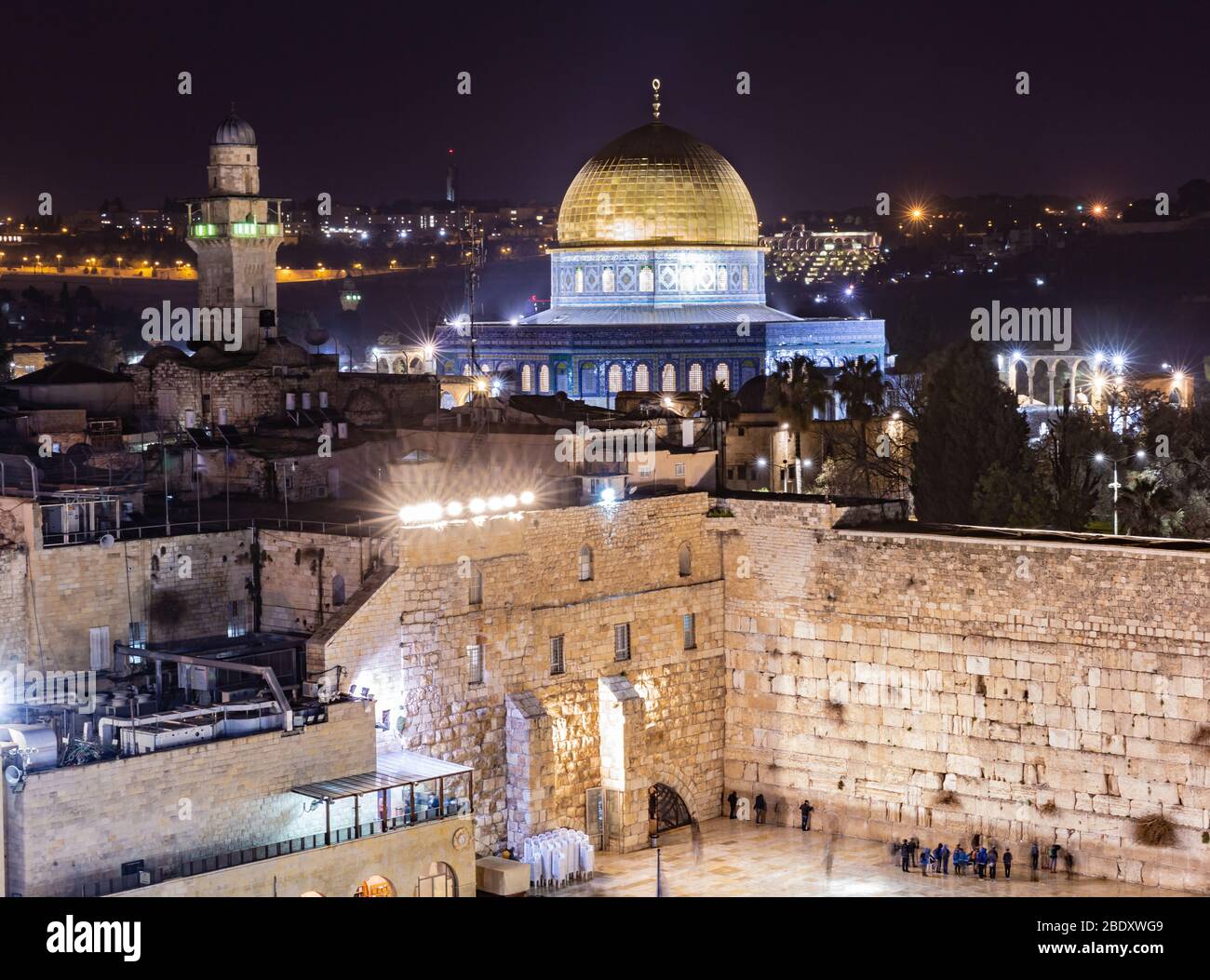 The Temple Mount - Western Wall and the golden Dome of the Rock mosque in the old city of Jerusalem, Israel Stock Photo