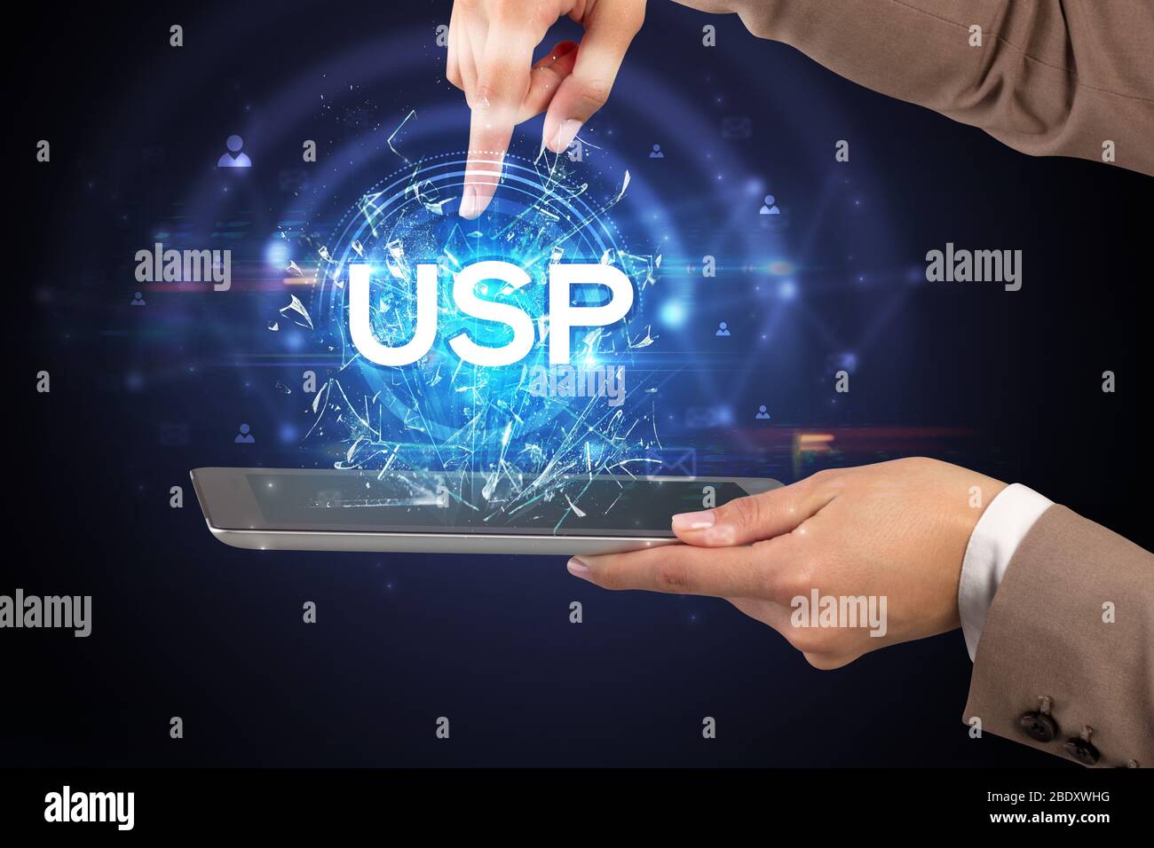 Close-up of a touchscreen with USP abbreviation, modern technology ...